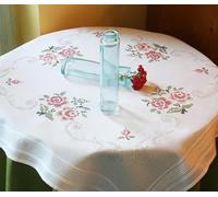DECO-LINE Pink Rose Printed Tablecloth Embroidery KIT, White, 80 X 80 cm