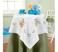 DECO-LINE Spring Flowers Printed Tablecloth Embroidery KIT, White, 80 X 80 cm