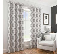 Deco Lined Eyelet Curtains, Luxury Metallic Sheen Retro Wave Design Curtains, Ring Top Curtain Pairs, Silver, Grey, 46" x 54"