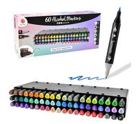 Deco Time Twin Alcohol Markers Set & Stackable Tray Storage - 60 Dual Tip Fine & Brush Alcohol Based Art Markers - Coloured Marker Pens for Adults, Kids, Professional Artist Colouring & Drawing