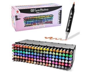 Deco Time Twin Alcohol Markers with Stackable Alcohol Marker Storage Tray - 120 Dual Tip Fine & Brush Markers - Coloured Marker Pens for Adults, Kids - Quick Dry Art Supplies for Drawing & Colouring