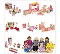 DecoBay Wooden Dolls House Furniture 4, 5 or 6 Room: Bedroom, Kitchen, Bathroom and Living Room with Family Dolls (6 Sets of Rooms and 7 Family Doll)