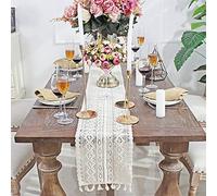 DÉCOCO 9.5" x 71" Beige Macrame Table Runner Rectangular Crochet Lace Elegant Hollow Mesh Tablecloth for Rustic Boho Wedding Decor Bridal & Baby Show