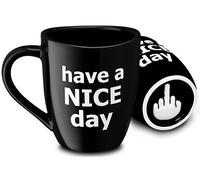 Decodyne Have a Nice Day Coffee Mug, Funny Cup with Middle Finger on The Bottom 14 oz. (Black)