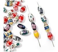 Decoendiy 10Pcs Ceramic Oval Barrel Beads, Hand-Painted Vintage Boho Printed Colourful Smooth Porcelain Spacers for Jewellery Making Bracelets Necklace Earrings