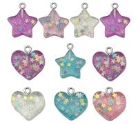 Decoendiy 40Pcs Transparent Glitter Sequins, Cute 3D Star & Heart Resin Charms for Jewellery Making, Aesthetic Pendants for Earrings Keychain Necklace DIY Craft Accessories