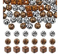 Decoendiy 50Pcs Mix Acrylic Painted Beads,Square&Round Shape Leopard Print Focal Beads,Opaque Acrylic Straight Hole UV Plated Bead for Beadable Pens Keychain Jewelry Making