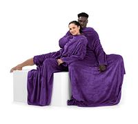 DecoKing 150 x 180 cm, TV microfibre cuddly blanket with sleeves and pockets, microfibre soft and fluffy fleece blanket, Microfibre, Purple, 150 x 180 cm