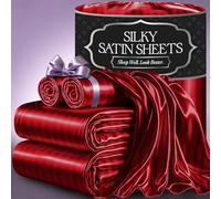 DECOLURE Satin Bed Sheets - 4 Piece Luxury Silky King Size Bedding Set - Softer Than Silk, Wrinkle-Free with 15” Deep Pocket Fitted Sheet, Perfect for Hair & Skin, Gifts for Women (Striped Red)