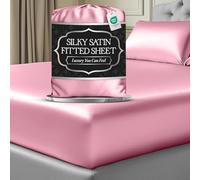 DECOLURE Satin Fitted Sheet King Size (1 PC) - Luxuriously Smooth & Softer Than Silk Bed Sheets w/ 15 Inch Deep Pocket Hypoallergenic Wrinkle Free, Secure Snug Fit, Elastic Corner Straps (Pink)