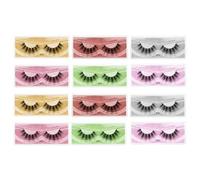 DECOMELODY 12 Pairs Dense Fake Eyelashes Mixed Curled Fiber Lashes for Stage Makeup and Daily Wear Reusable Lightweight Eye Beauty Enhancers in Yellow Green Purple Red Silver Pink