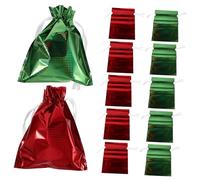 DECOMELODY 12PCS Christmas Drawstring Gift Bags with Secure Closure Holographic Foil Party Wrapping Pouches for Candies and Small Presents Festive Treat Bags with Ribbons for Holiday and