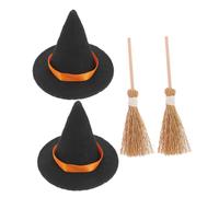 DECOMELODY 2 Sets Miniature Halloween Witch Hats and Natural Straw Brooms for Dollhouse Decor Tiny Craft Accessories for Spooky Party Layouts and Mini Home Decorations