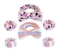 DECOMELODY 2 Sets Spa Headbands with Wrist Towels Cute Bow Face Wash Makeup Headband Set for Skincare Shower Spa Use Pink Leopard Blue Red Stripes