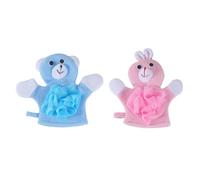 DECOMELODY 2pcs Cartoon Bath Scrubbers for Children, Body Skin Scrubbing Tool with Foaming Exfoliating Towels, Pink Rabbit and Blue Bear Design, Household Kids Bath Washcloths for Baby