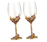 DECOMELODY 2pcs Golden Enameled Goblet Wine Glasses Iris Flower Design, Crystal Glass Stemware for Wedding, Valentine's Day, and Home Entertaining