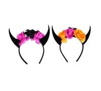 DECOMELODY 2Pcs Halloween Skull Horn Headbands with Flower Details Devil Horn Headpiece Costume Accessories for Adults Teens for Halloween Party Day Dead Cosplay Fits