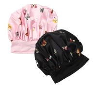 DECOMELODY 2Pcs Satin Sleep Cap for Women Elastic Bonnet Sleeping Hat with Wide Edge Hair Protection for Long Hair Frizz Prevention Suitable for Face Washing and Makeup