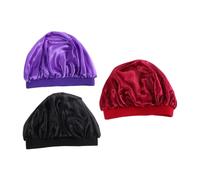 DECOMELODY 3Pcs Elastic Wide Brim Hair Protector Hats for Breathable Sleeping Caps Shower and Bathing Hair Bonnet Includes Purple Black Burgundy