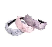 DECOMELODY 3pcs Pearl Embellished Wide Knotted Headbands for Women Non Slip Fabric Hair Hoops with Twisted Design in Pink Blue Khaki Comfortable Stylish Accessories for Daily Wear and Special