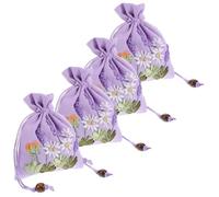 DECOMELODY 4pcs Embroidered Lavender Mini Drawstring Linen Sachet Bags 11x14cm Small Potpourri Pouches for Wrapping Wedding Party Packaging