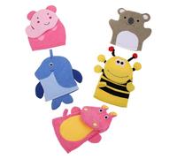 DECOMELODY 5Pcs Bath Exfoliating Gloves Set with Cartoon Animal Designs Elephant Bee Hippo Penguin Bear, Soft Scrubbing Mitts for Body Washing and Gentle Skin Care during Shower