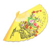 DECOMELODY 5x0.9m Large Chinese Style Bamboo Wall Fan Yellow Silk and Bird Floral Pattern, Folding Handheld Fan for Wedding Decorations, Living Room and Studio Photo Props