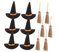 DECOMELODY 6 Set Mini Witch Hat and Broom Set for DIY Halloween Decorations Felt Witch Hats with Wooden Brooms for Party Crafts Creative Halloween Craft Supplies
