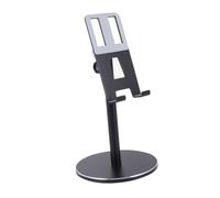 DECOMELODY Adjustable Height Tablet Holder Desktop Phone Stand in Black Aluminium Alloy with Rotating Angle Skid Silicone Pad and Charging for Smartphones and Tablets
