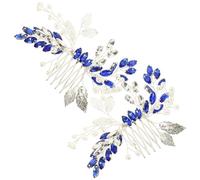 DECOMELODY Bridal Hair Comb Side Combs Rhinestone Blue 2 Pcs with Silver Leaf Design, Metal Material, Delicate and Fashionable Easily Match with Wedding Dress, Not Easy for Special Days