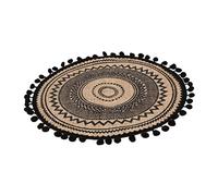 DECOMELODY Decorative Heat Placemat Handmade Woven Jute Mat with Black Cotton Ball Pattern Vintage Style Home Insulation Pad for Dining Table and Vase Display and Artistic Household Coaster