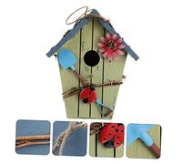 DECOMELODY Decorative Wooden Bird House with Blue Slanted Roof Creative Garden Bird Shelter Breathable Nest for Small Hanging Outdoor for Porch and Tree