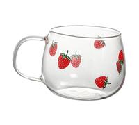 DECOMELODY Glass Coffee Mug with Strawberry Print Heat Resistant Milk and Hot Beverage Cup for Home and Office Multi-Function Transparent Drinking Glass for Tea Juice and Water