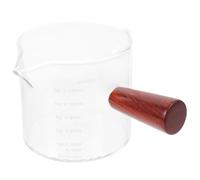 DECOMELODY Handheld Transparent Glass Milk Cup with Anti-Scald Wooden Handle Borosilicate Pitcher with Measurement Scale for Coffee Milk and Desserts at Home Shop