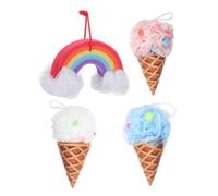 DECOMELODY Ice Cream Shape Bath Shower Sponge Loofahs 4pcs Set, Soft Exfoliating Body Scrubber for Kids, Gentle Skin-Friendly Bath Balls for Daily Shower and Spa Use