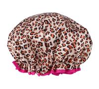 DECOMELODY Leopard Print Shower Cap Hair Bath Cap for Women Double Layer Elastic Waterproof Bathing Accessory with Red Trim Suitable for Shower and Spa Use