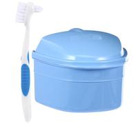 DECOMELODY Portable Denture Box Case with Brush Holder and Protective Cover Blue Plastic Denture Container for Travel and Camping and Storage Solution Random Color