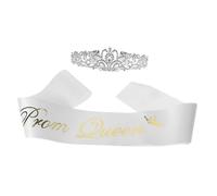 DECOMELODY Prom Queen Crown and Sash Set White Graduation Party Decorations Headband Shoulder Strap for Women Wedding Prom Costume Accessories