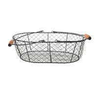 DECOMELODY Vintage Rustic Metal Basket with Wood Handle, Black Iron Wire Basket for Firewood, Food Storage, and Kitchen Organization, Large Farmhouse Style Container for Home Pantry Use