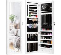 DECOMIL LED Light Jewelry Cabinet Armoire with Mirror, Large Storage 57" Tall Mirrored Armoire Box Necklace Ring 27 Hook Girls Women, Modern, White (White with Hanger)