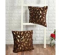 DECOMIZER Soft Velvet Fur Fabric Feather Print Decorative Faux Fur Cushion Covers 16x16 Inch Set of 2 for Couch, Sofa, Bed, Design- Feather Gold Foil,Color- Coffee