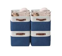 DECOMOMO Foldable Storage Bin Collapsible Sturdy Cationic Fabric Storage Basket Cube W/Handles for Organizing Shelf Nursery Home Closet (Navy Blue and White, Large - 15 x 11 x 9.5-4 Pack)…