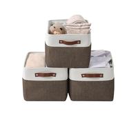 DECOMOMO Storage Baskets | Storage Boxes Fabric Organiser Storage for Wardrobe, Toys, Shelves, Office, Home & Nursery (Large Brown and White 15 x 11 x 9.5 - Set of 3)
