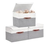DECOMOMO Storage Boxes with Lids [3-Pack] Collapsible Sturdy Cationic Fabric Storage Baskets Box Container W/Handles for Organizing Shelf Nursery Linen (Grey & White, 15 x 11 x 11” - 3 Pack)