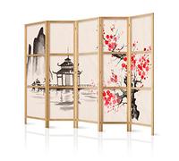 decomonkey 5 panel Room Divider - 89" x 68" / 225 x 171cm Cherry Blossom House Nature Decorative Privacy Screen for Room Separation Home Office Spa