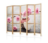decomonkey 5 panel Room Divider - 89" x 68" / 225 x 171cm Pink Flowers on Stones Decorative Privacy Screen for Room Separation Home Office Spa