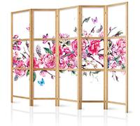 decomonkey 5 panel Room Divider - 89" x 68" / 225 x 171cm White Flowers Decorative Privacy Screen for Room Separation Home Office Spa