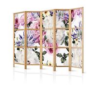 decomonkey 5 panel Room Divider - 89" x 68" / 225 x 171cm White Flowers Decorative Privacy Screen for Room Separation Home Office Spa