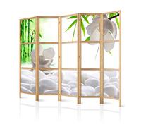 decomonkey 5 panel Room Divider - 89" x 68" / 225 x 171cm White Stones Bamboo Water Flower Decorative Privacy Screen for Room Separation Home Office Spa