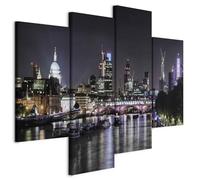 decomonkey | Canvas Print London Skyline | 49.6" x 38.6" 126x98 cm | Wall Art | Wall Picture | Non-Woven Canvas | Photo 4 pieces | City Lights Night Photo Decoration Print Decor | Living Room Bedroom